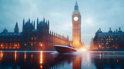 Naklejka premium A speedboat glides past the Houses of Parliament and Big Ben at twilight, reflecting city lights on a serene river
