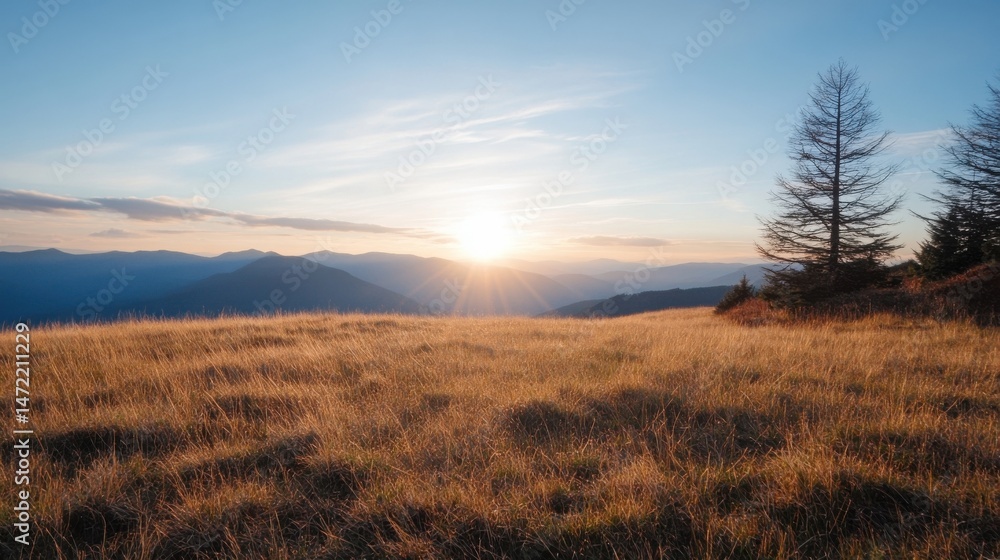 Aufkleber golden hour sunset over a vast mountain range, viewed from a high grassy field with a solitary conif