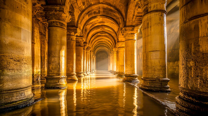 Obraz premium Flooded Walkway Beneath Towering Pillars Illuminated by Sunlight