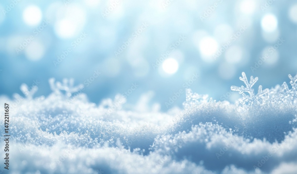 Poster close-up of delicate snowflakes resting on a pristine layer of fresh snow, bathed in soft, bright wi