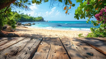 Sunny Tropical Beach Scene with Wooden Deck