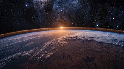 Sunrise Over Earth From Space Showing The Milky Way Galaxy