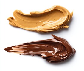 Creamy peanut butter and rich chocolate spread smeared on white background, showcasing textures and colors, perfect for food-related compositions and designs.