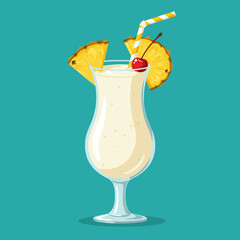 Serving Pina Colada Cocktail with Pineapple and Cherry Garnish on Blue