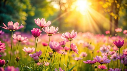 A field of delicate pink cosmos flowers bathed in the warm glow of a setting sun, creating a serene and picturesque scene.