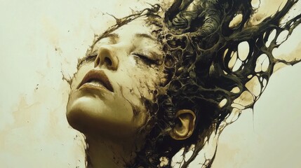 Surreal Portrait of a Woman with Earth-toned Hair and Pale Skin