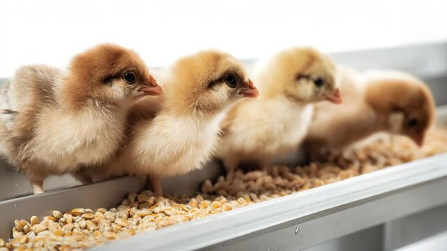 Automated poultry feeder dispensing balanced grain rations for healthy chicks