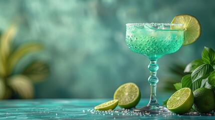 Teal Cocktail with Lime and Mint on Blue Background