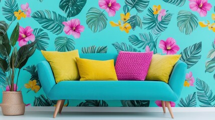 Teal Sofa with Yellow and Pink Pillows Against Tropical Floral Wallpaper