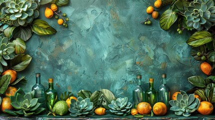 Teal Textured Background with Succulents and Citrus Fruits