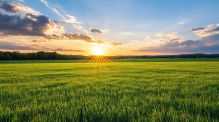Obraz premium Serene sunset over a vast, vibrant green field, sun rays breaking through clouds, creating a picturesque landscape. : Generative AI