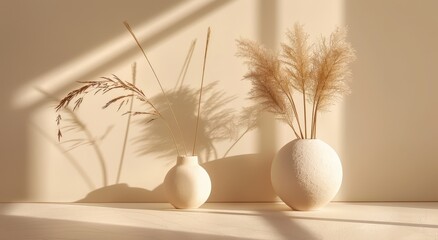 Textured Cream Vases with Dried Flowers in Warm Sunlight