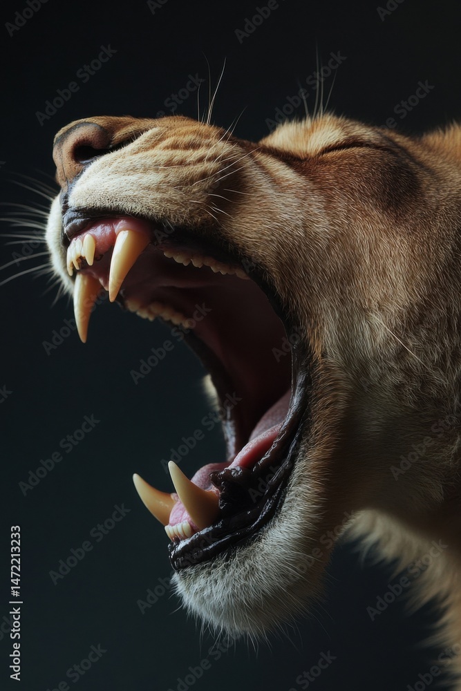 Aufkleber close-up profile of a lioness's open mouth, revealing sharp teeth and textured fur against a dark ba