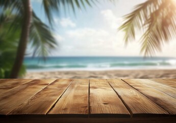 Wooden table overlooking a tropical beach scene with palm trees and ocean waves, perfect for summer product displays or vacation themed designs. : Generative AI