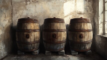 Three Aged Wooden Barrels in a Rustic Cellar with Natural Light