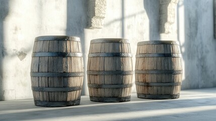 Fototapeta premium Three Aged Wooden Barrels in Rustic Setting