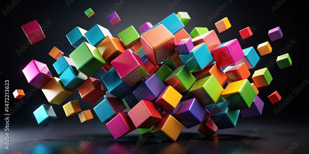 Poster dynamic composition of vividly colored cubes in motion