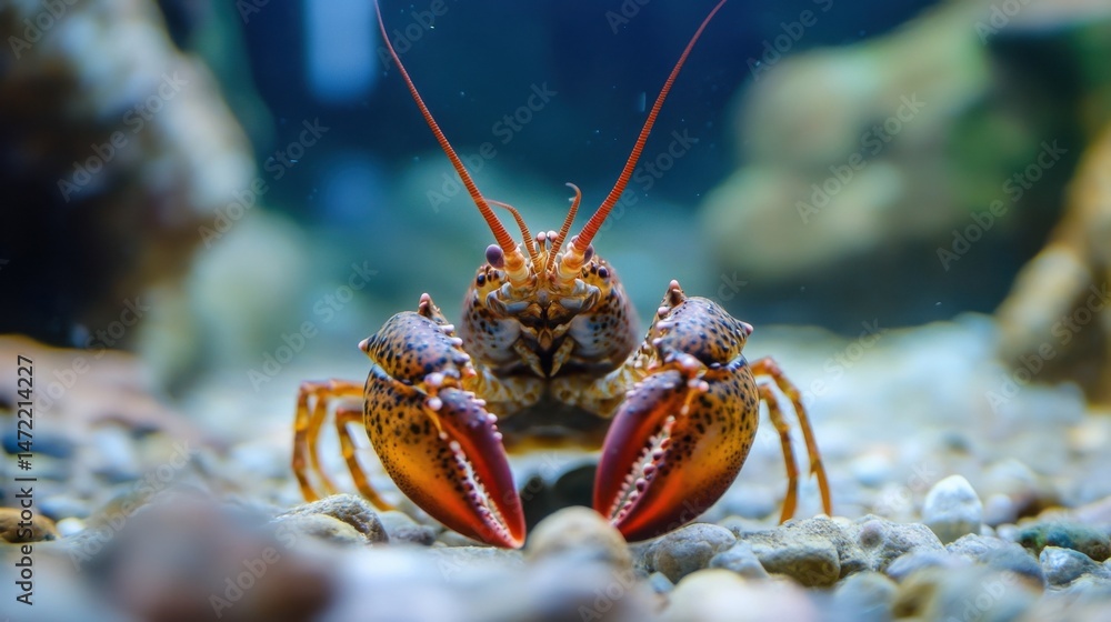 Poster closeup of a vibrant orange and brown crayfish, its claws prominently displayed, perched on smooth r