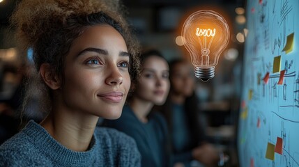 A woman looks thoughtfully at a lightbulb idea
