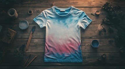 Tie-dye t-shirt on a rustic wooden surface.  Surrounded by various art supplies