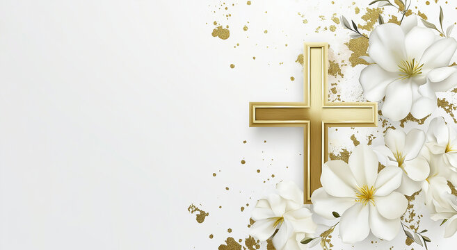 modelo de convite para funeral com cruz dourada e flores brancas com espa&ccedil;o para texto