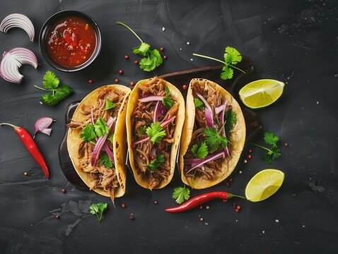 Three Pulled Pork Tacos with Salsa and Lime on Dark Background