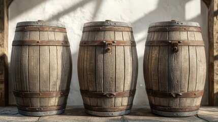 Fototapeta premium Three Weathered Wooden Barrels with Metal Bands Against a Rustic White Wall