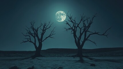 Fototapeta premium Two Bare Trees Silhouetted Against a Bright Full Moon and Dark Night Sky