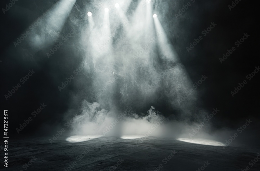 Poster Three spotlights illuminate a smoky, dark stage with a textured floor, creating a dramatic and mysterious atmosphere, ideal for various design projects. : Generative AI