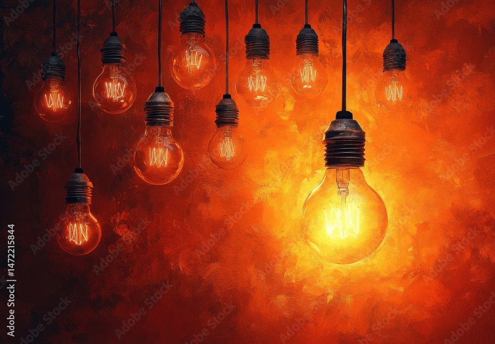 Poster glowing vintage light bulbs hanging against a textured orange wall, creating a warm and inviting atm