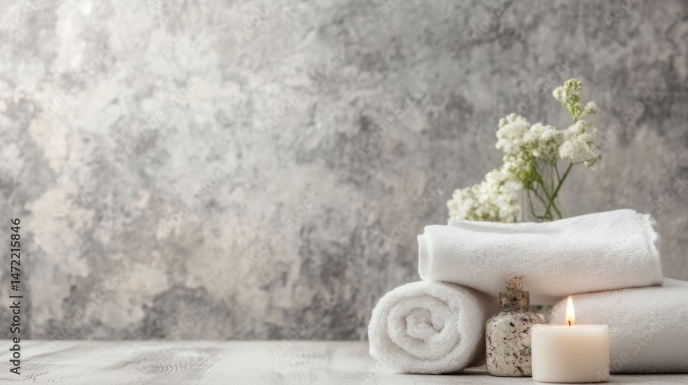 Aufkleber spa setting with white towels, a lit candle, and white flowers against a textured gray wall, creatin