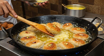 Desserts frying in oil with wooden spoon