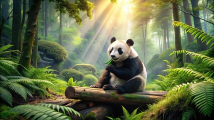Obraz premium Serene Panda in Lush Forest Sunlight, Enjoying Bamboo