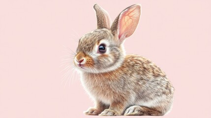 Fototapeta premium Cute baby rabbit portrait on light pink background for wildlife education and animal protection.