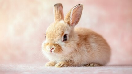 Obraz premium Cute baby rabbit portrait on light pink background for wildlife education and animal protection.
