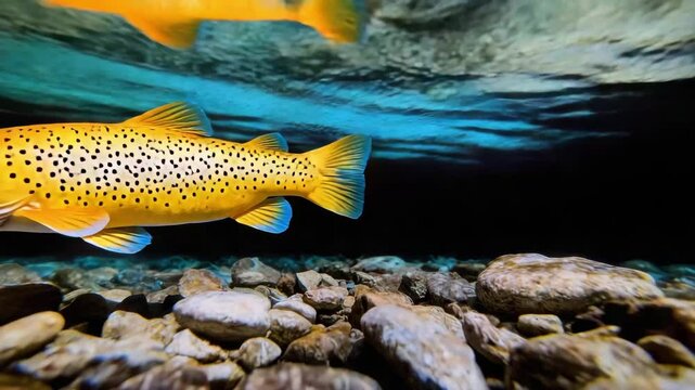 A vibrant brown trout swimming gracefully underwater over a rocky riverbed, showcasing its natural habitat and beauty.