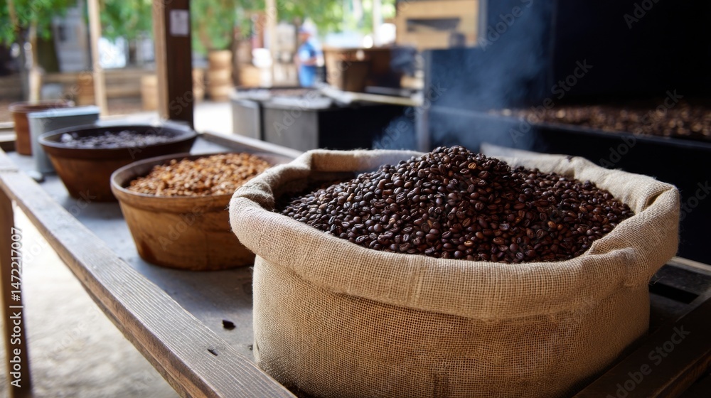Poster Roasted coffee beans in burlap sack, displayed on rustic wooden table with other coffee beans, creating a warm and inviting atmosphere. : Generative AI