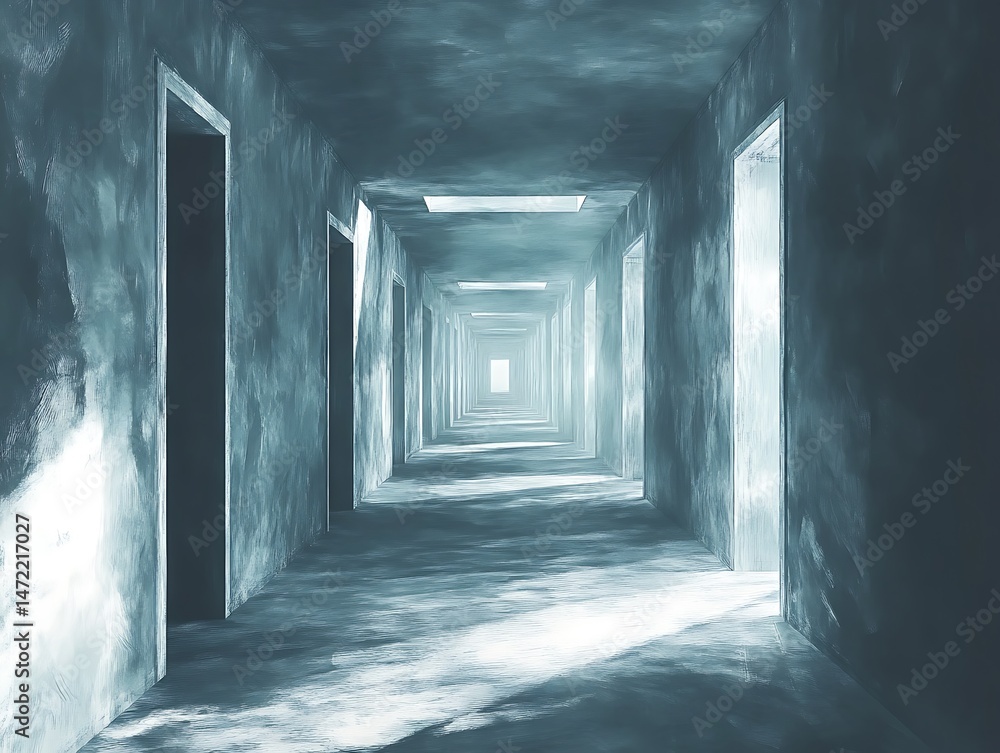 Aufkleber monochromatic hallway with an infinite perspective and a light source at the end