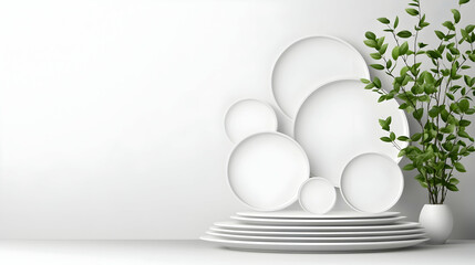 Fototapeta premium Minimalist white plates and plant arrangement against a white wall
