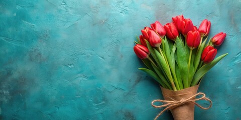 A vibrant bouquet of red tulips, elegantly wrapped in kraft paper and tied with twine, rests on a textured teal surface.