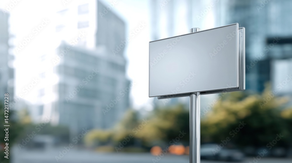 Aufkleber blank metallic signpost stands in a modern city setting, offering a clean template for advertisement