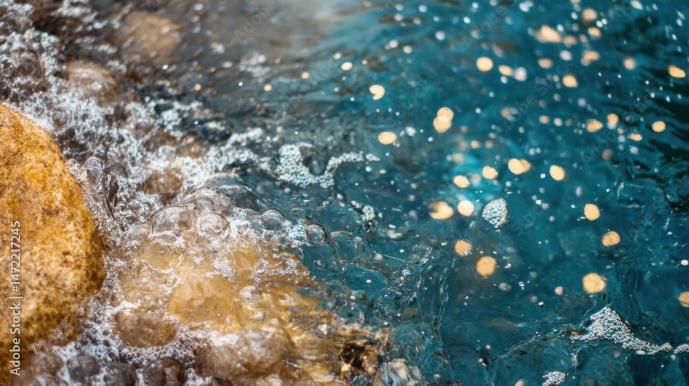 Poster closeup of bubbling water flowing over a smooth, golden-brown rock, creating a serene and textured a
