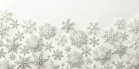 A festive arrangement of silver and white snowflakes on a pristine white background, perfect for winter holiday designs.