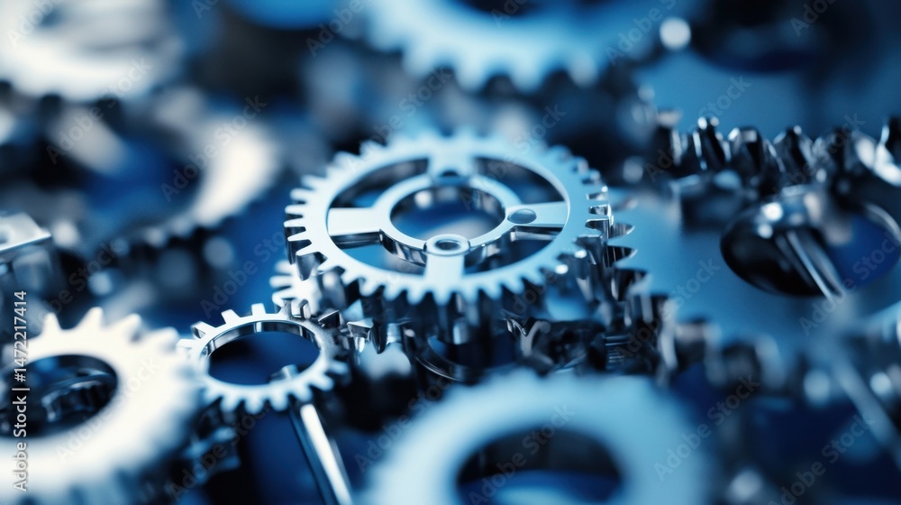 Poster Close-up view of intricate metallic gears interlocked, showcasing precision engineering and complex mechanism details in a cool blue tone. : Generative AI