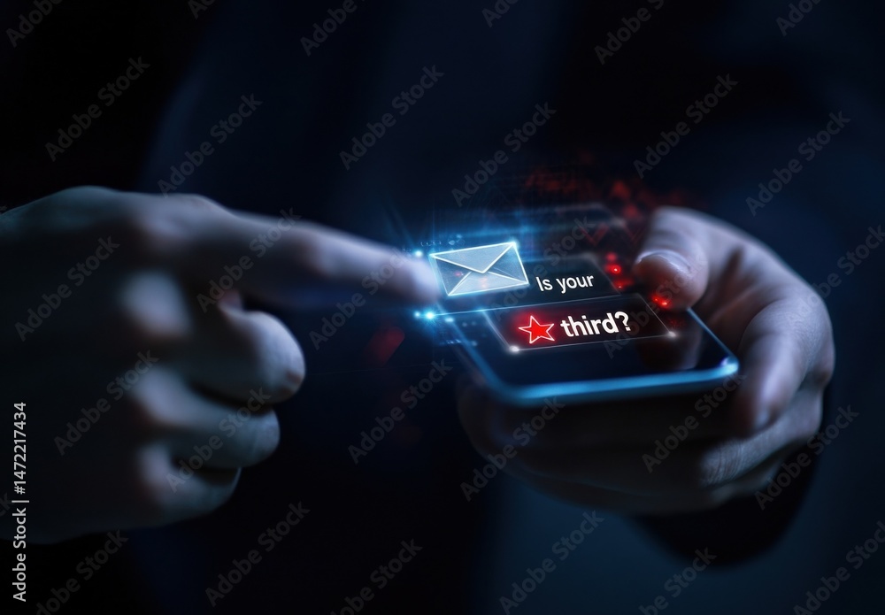 Poster Person using smartphone, interacting with digital email notification; question 'Is your third?' displayed with star icon; concept of online communication, message prioritization, and u : Generative AI