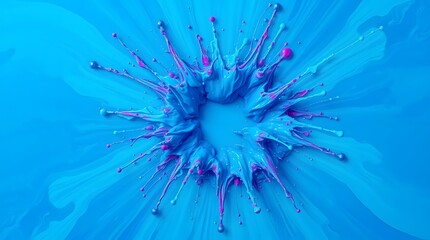 Obraz premium Vibrant blue paint splash explosion with pink accents, creating a dynamic and energetic circular design against a bright blue background. High-resolution, 3D render.