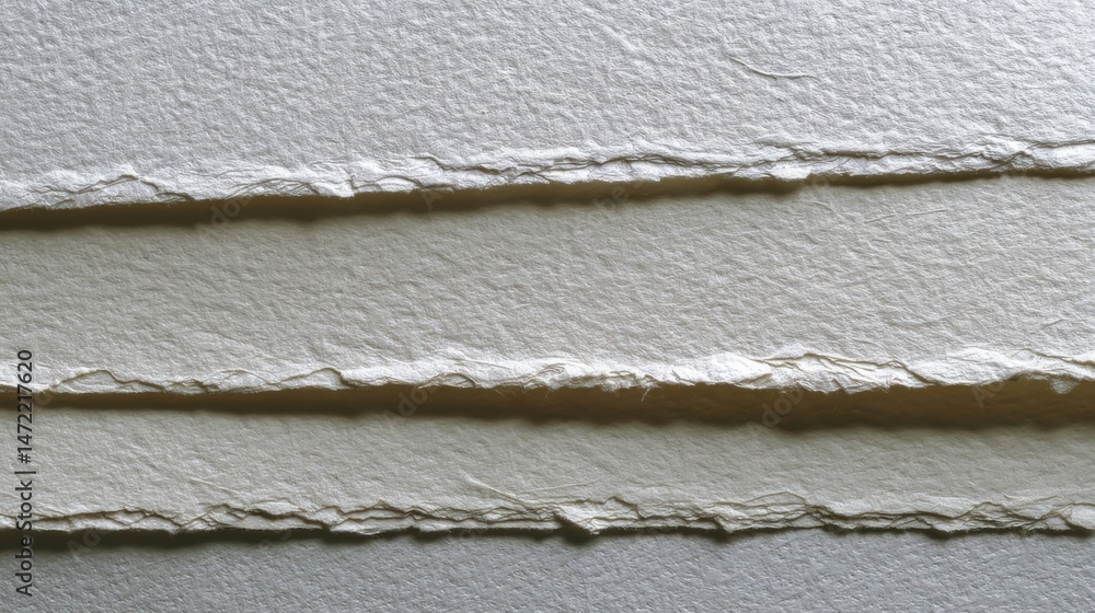Poster Close-up view of three sheets of textured, off-white handmade paper with uneven, deckled edges, showing the fibrous, organic nature of the material. : Generative AI