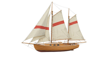 Isolated Classic Wooden Sailboat with White Sails