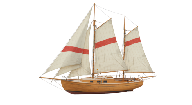 Isolated Classic Wooden Sailboat with White Sails