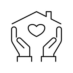 Obraz premium Thin Outline Icon Hand is Holding a House with a Heart Inside. Symbol of Hand is Holding a House with a Heart. Vector illustration.